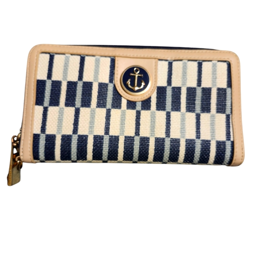 SPARTINA 449 Nautical Anchor Stripe zipper linen leather wallet beige blue